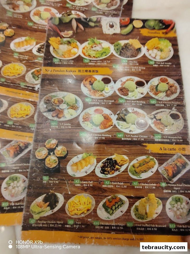 A menu from Peranakan Place featuring various Peranakan dishes and a la carte options.