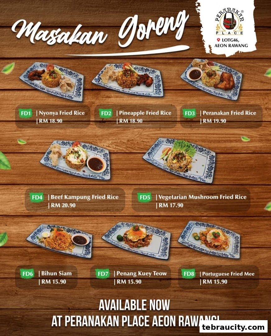 A menu showcasing various 'Masakan Goreng' dishes with prices.