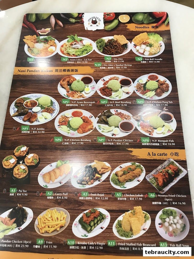 A menu from Peranakan Place featuring various noodle dishes, rice sets, and a la carte snacks.
