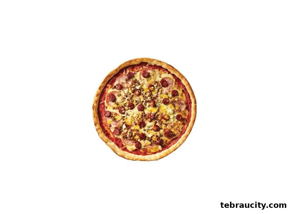 A delicious pizza with various toppings, including pepperoni and cheese, on a white background.