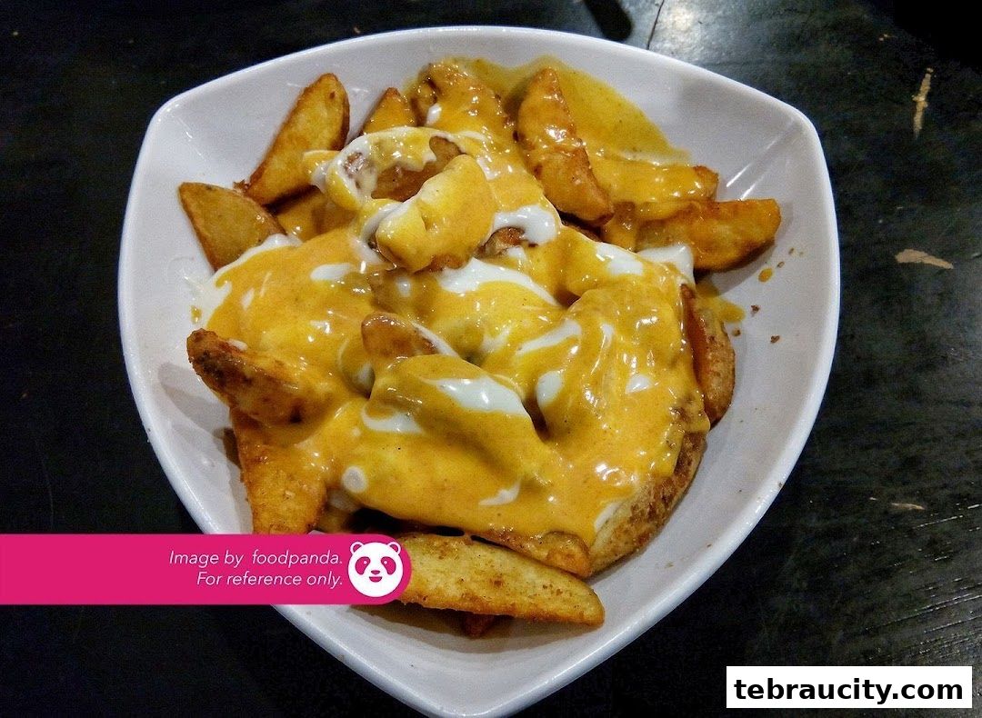 A white bowl filled with crispy potato wedges generously topped with cheese sauce and a drizzle of white sauce.
