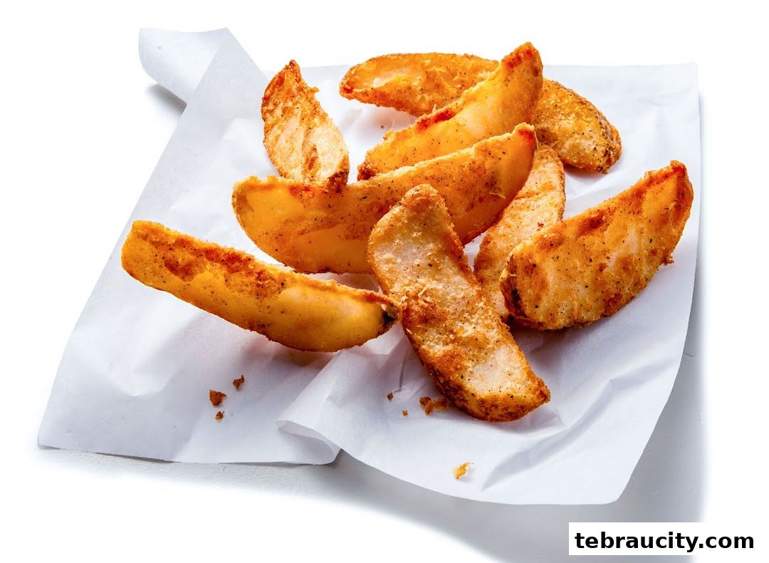A pile of crispy, seasoned potato wedges served on white paper.