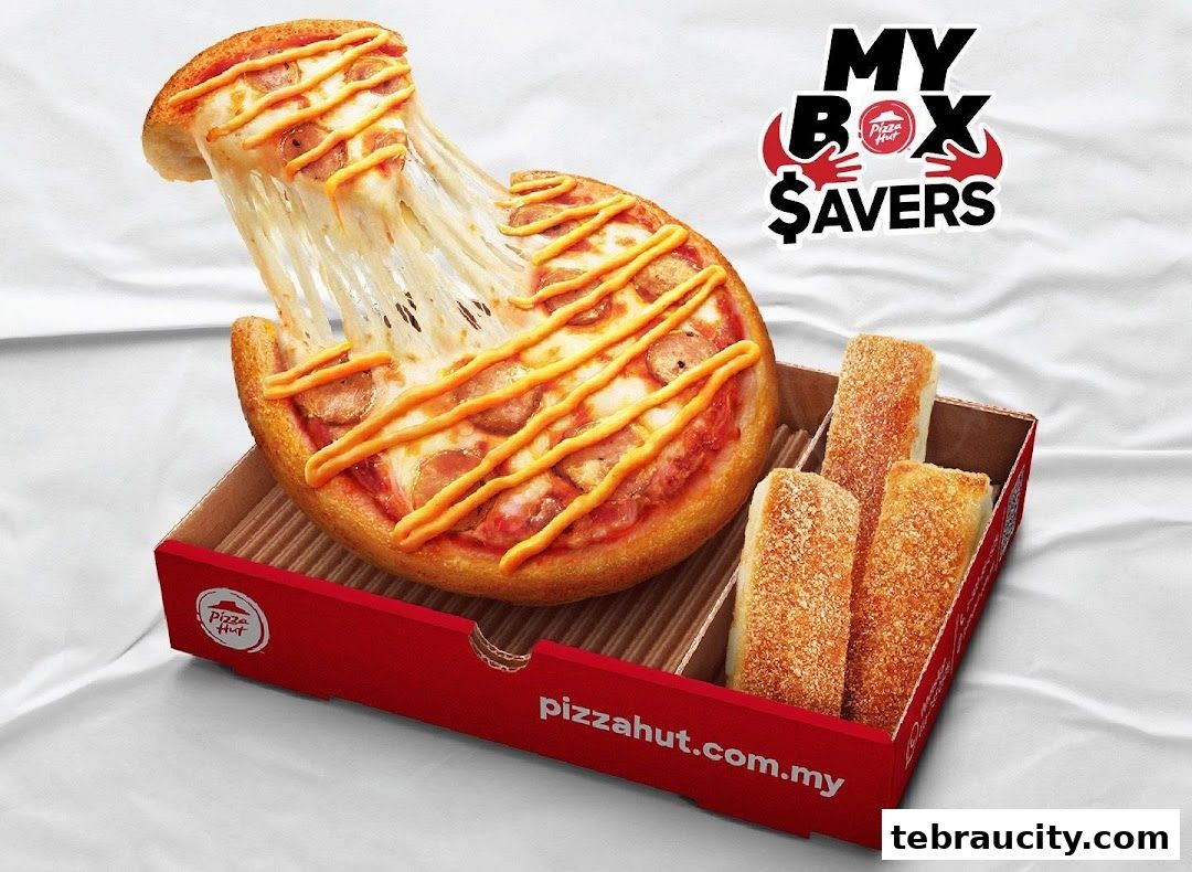 A Pizza Hut box containing a pizza with melted cheese and breadsticks.