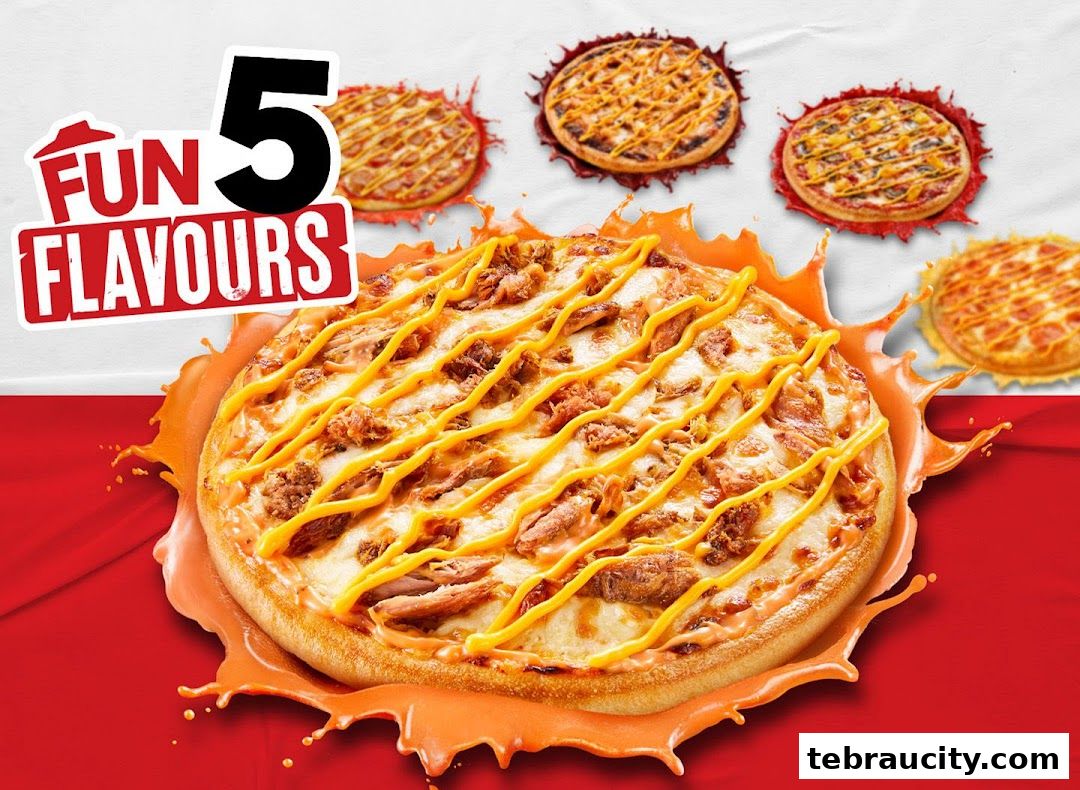 A Pizza Hut advertisement showcasing five different pizza flavors with a prominent main pizza.