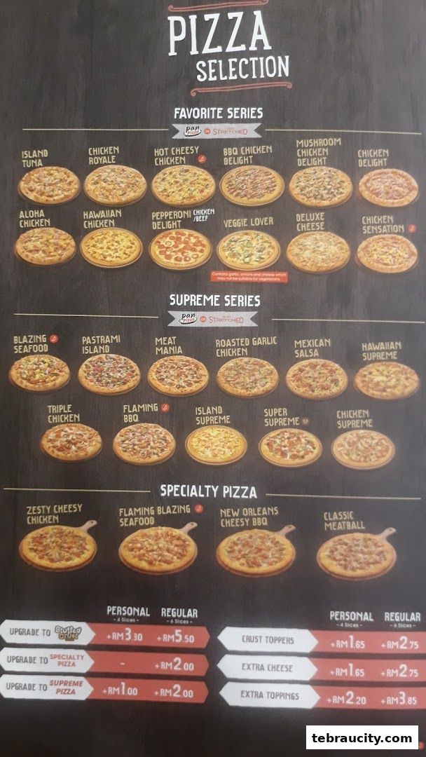 A menu showcasing various pizza selections from Pizza Hut, categorized into Favorite, Supreme, and Specialty series.