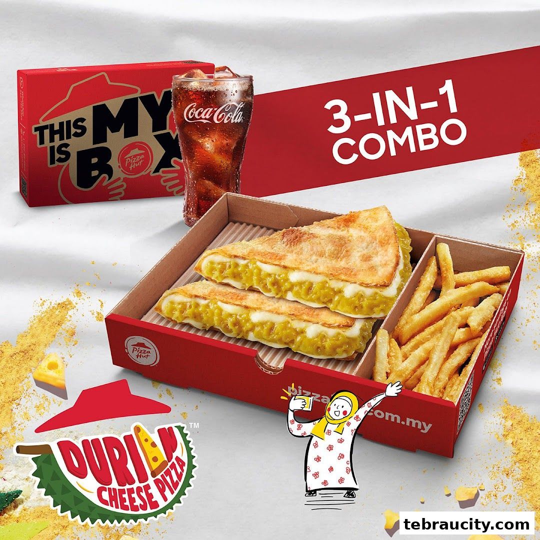 Pizza Hut 3-in-1 combo featuring durian cheese pizza slices and french fries with a Coca-Cola.