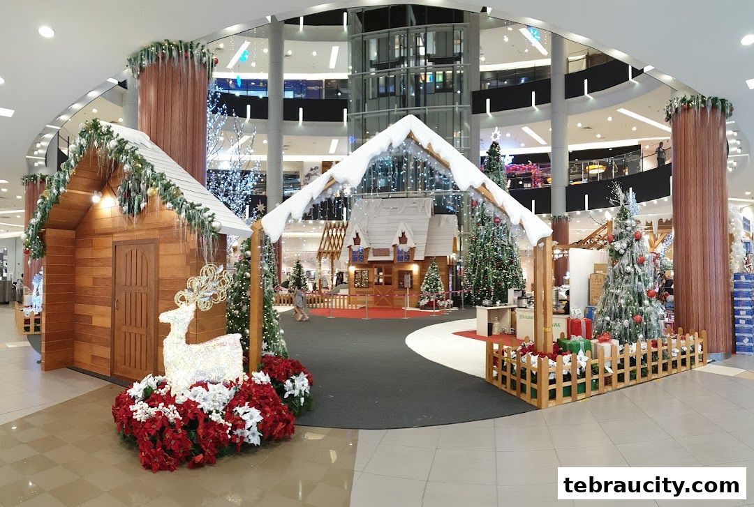 A festive Christmas display with wooden houses, decorated trees, and a sparkling reindeer.