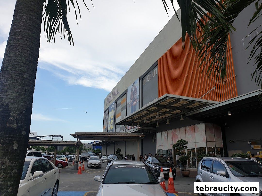 Exterior view of a shopping mall with a parking lot and palm trees.
