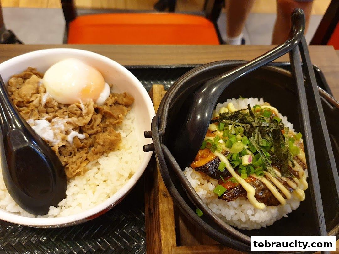 Two bowls of Japanese rice dishes, one with beef and egg, the other with fish and toppings.