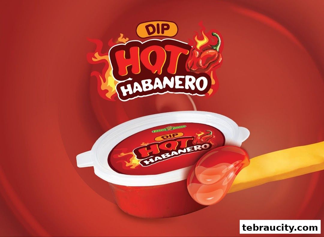 A close-up of Potato Corner's Hot Habanero dip with a french fry dipped in it.