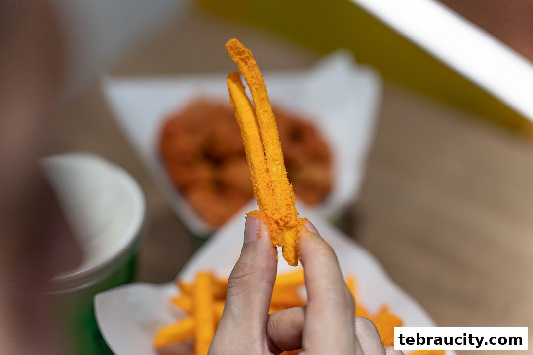 A hand holds a piece of cheese-dusted french fry, with more fries and a drink in the background.