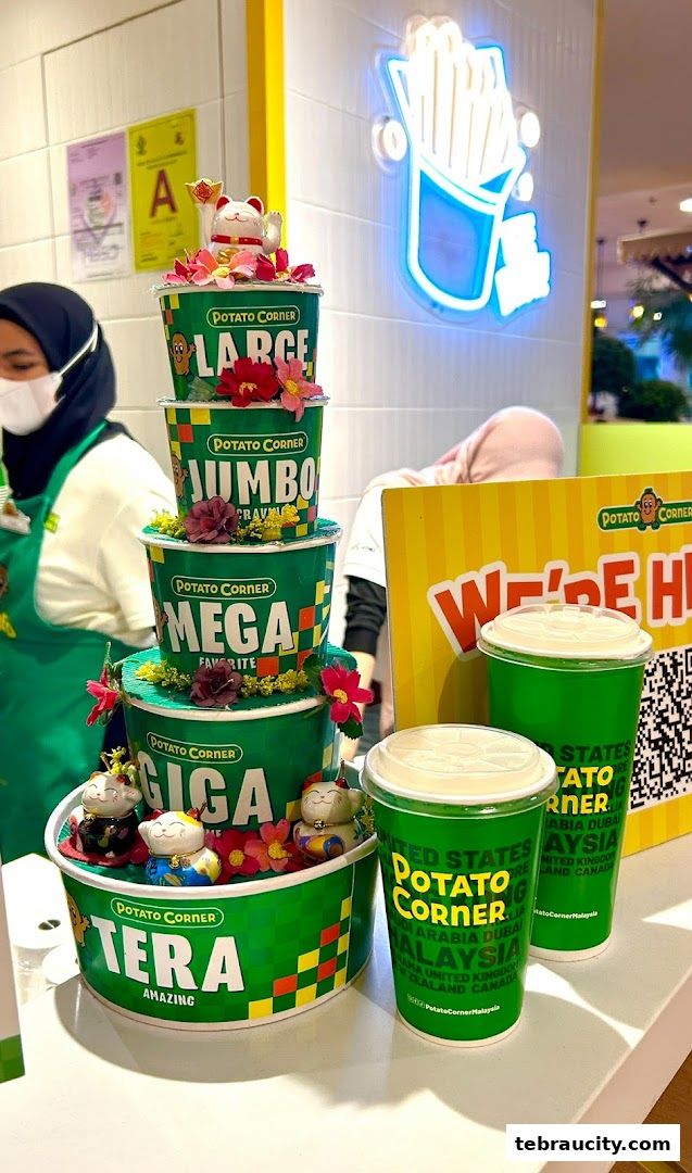 Potato Corner shop display featuring stacked tubs of fries and branded cups.