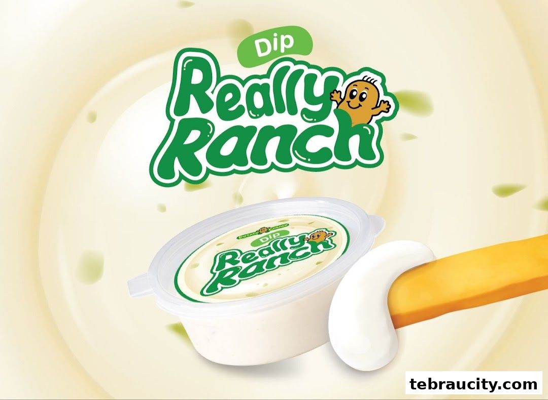 A container of Potato Corner's Really Ranch dip with a french fry being dipped into it.