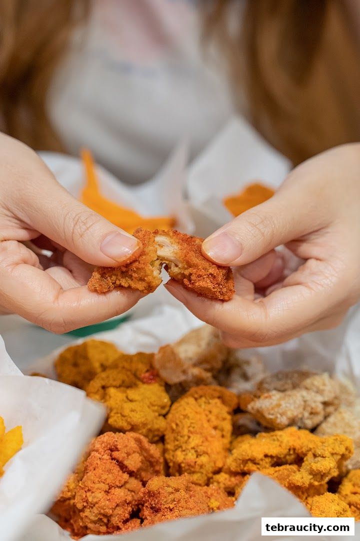 A person is holding and breaking apart a piece of crispy fried chicken coated in seasoning.