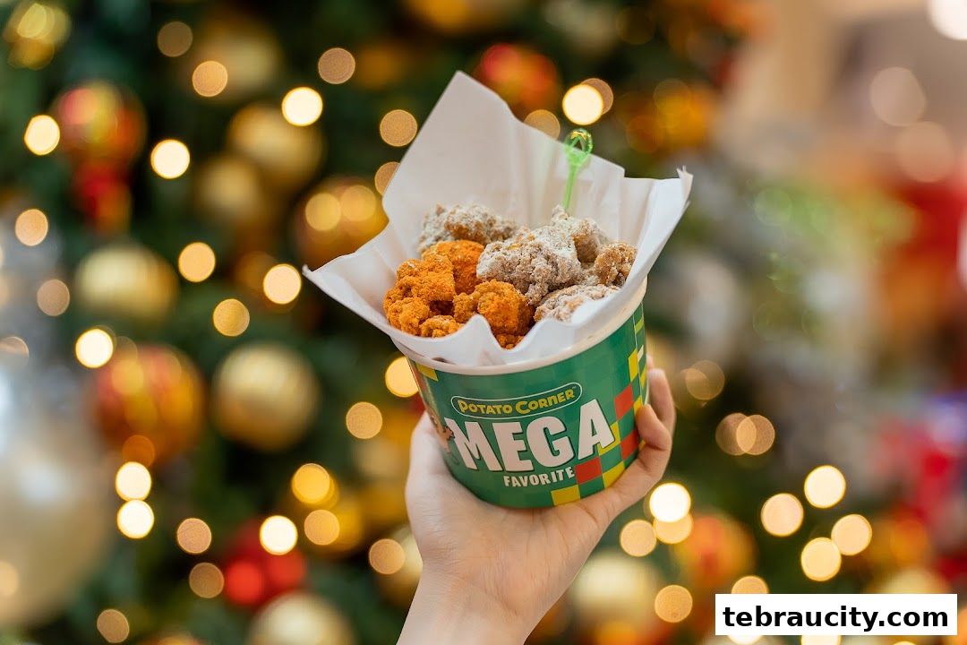 A hand holds a bucket of Potato Corner's Mega Favorite fries with two flavors.