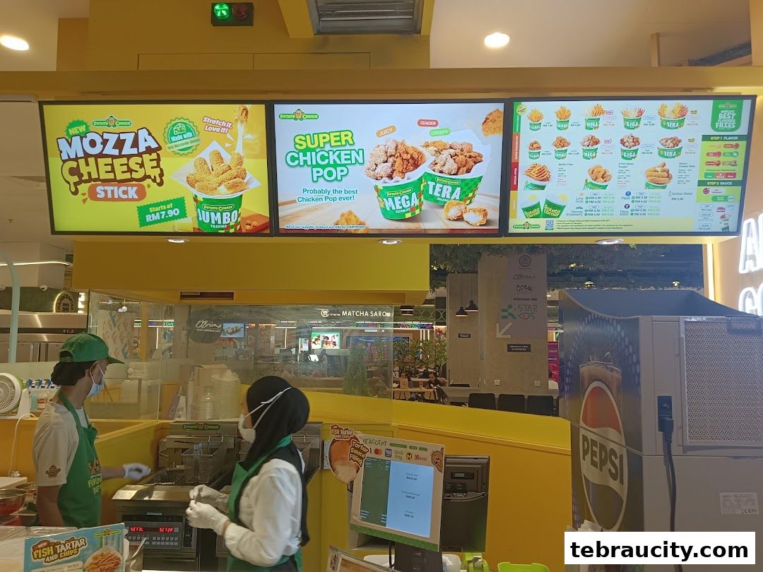 Potato Corner menu board displaying mozzarella cheese sticks and chicken pops with various sizes and flavors.