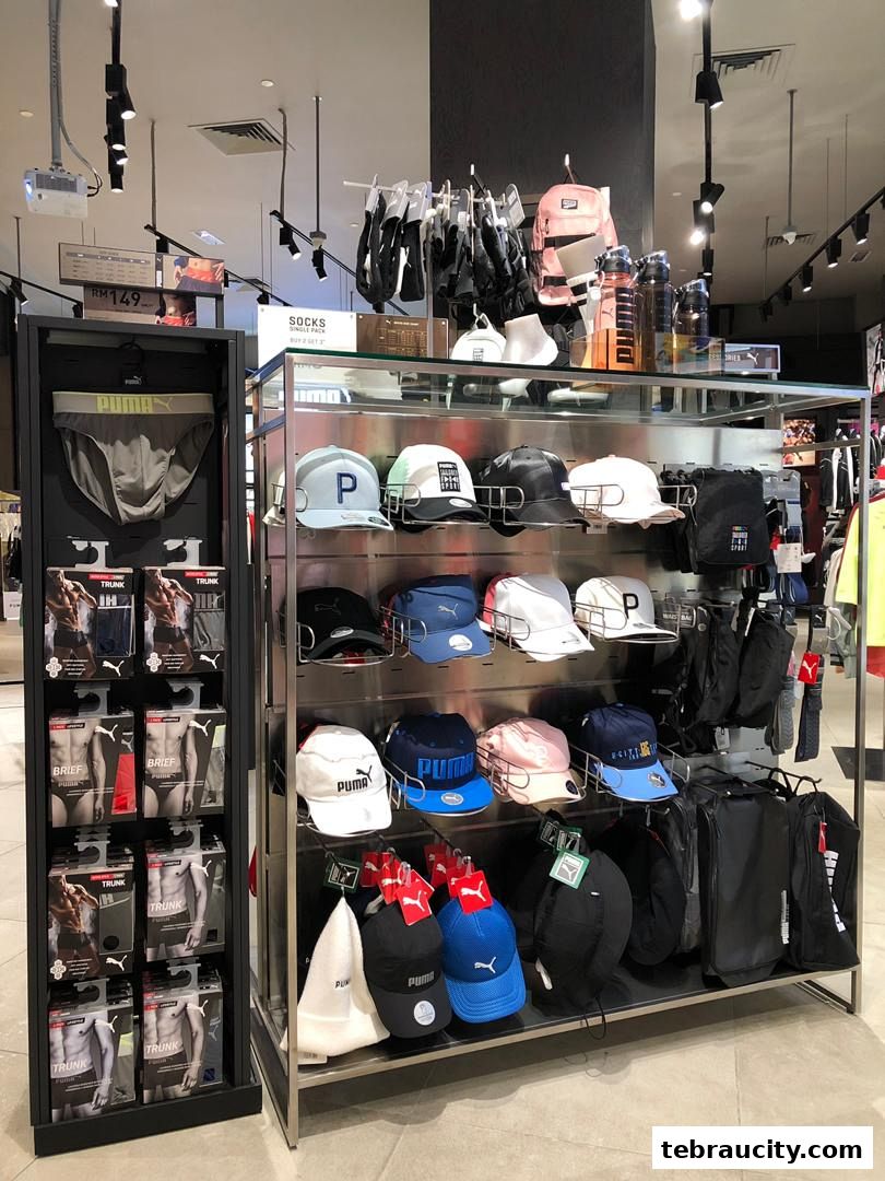 Puma store interior displaying various caps, socks, underwear, and bags on shelves and racks.