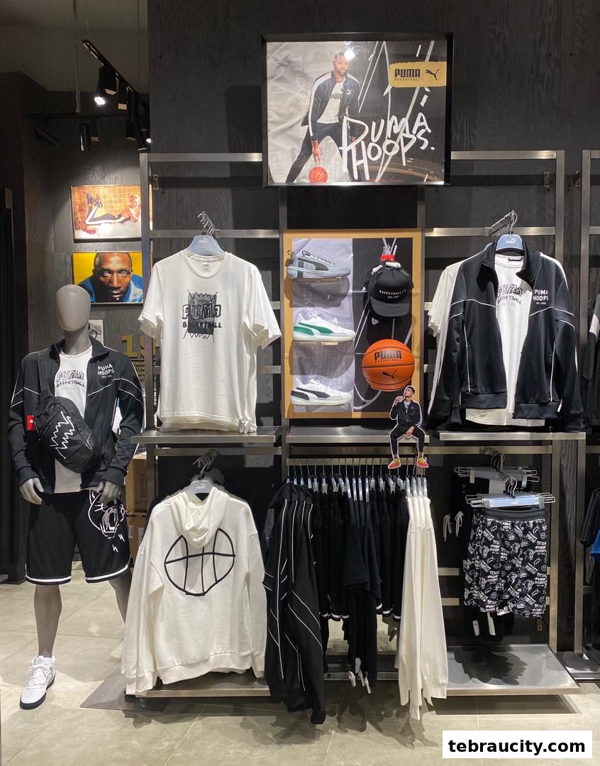 Puma basketball apparel and footwear displayed on shelves and racks, featuring a mannequin.