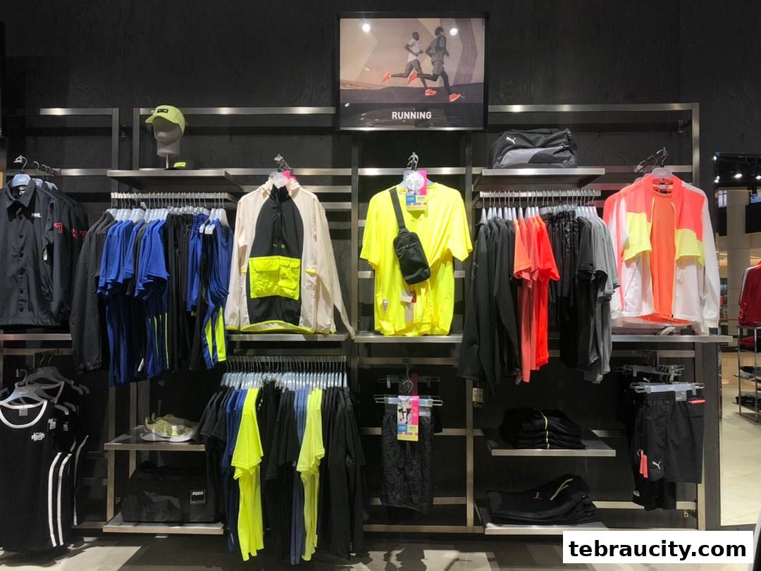 Puma store display featuring athletic apparel, including jackets, t-shirts, shorts, and bags.