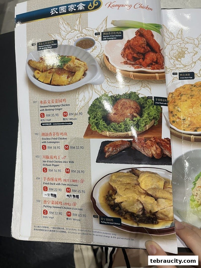 A menu page featuring various chicken and duck dishes with prices and descriptions.