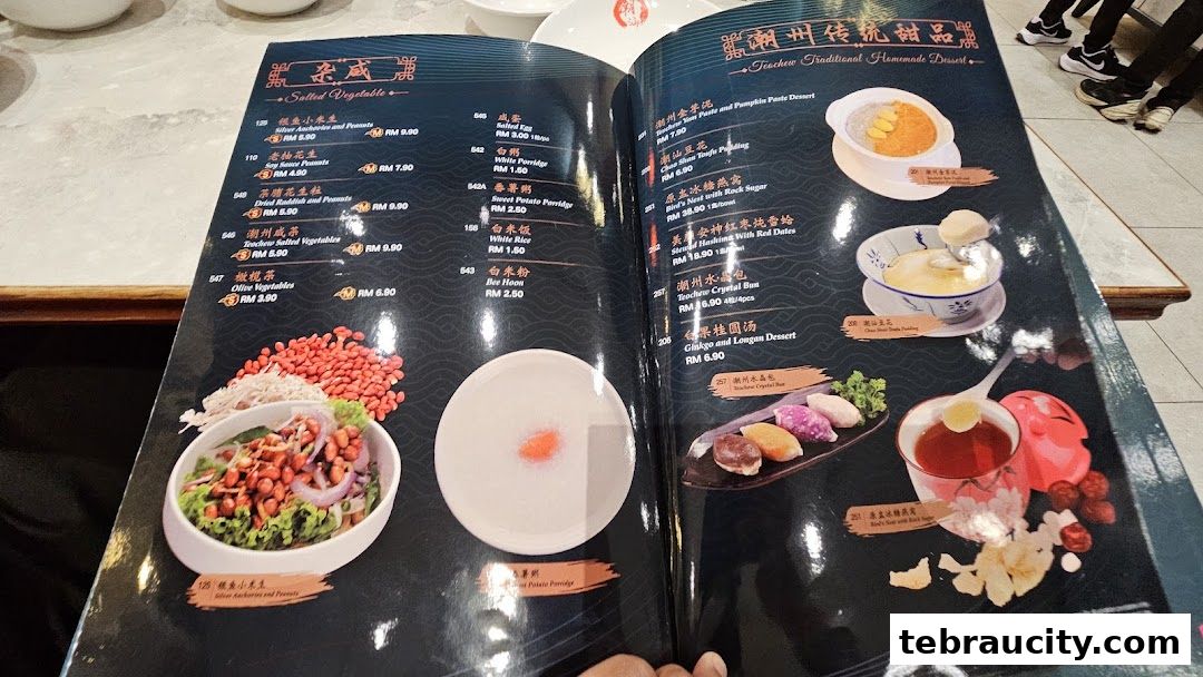 A menu from Restaurant Chao Shan Aeon Tebrau featuring traditional Teochew desserts and salted vegetables.