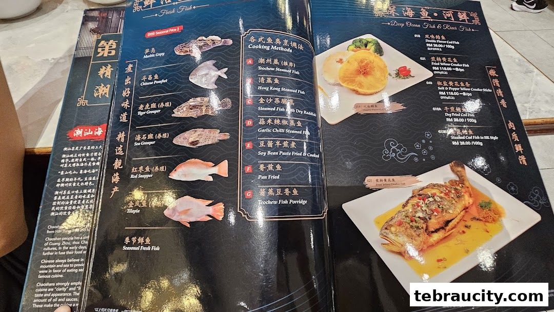 A menu featuring various fresh fish dishes and cooking methods with prices.