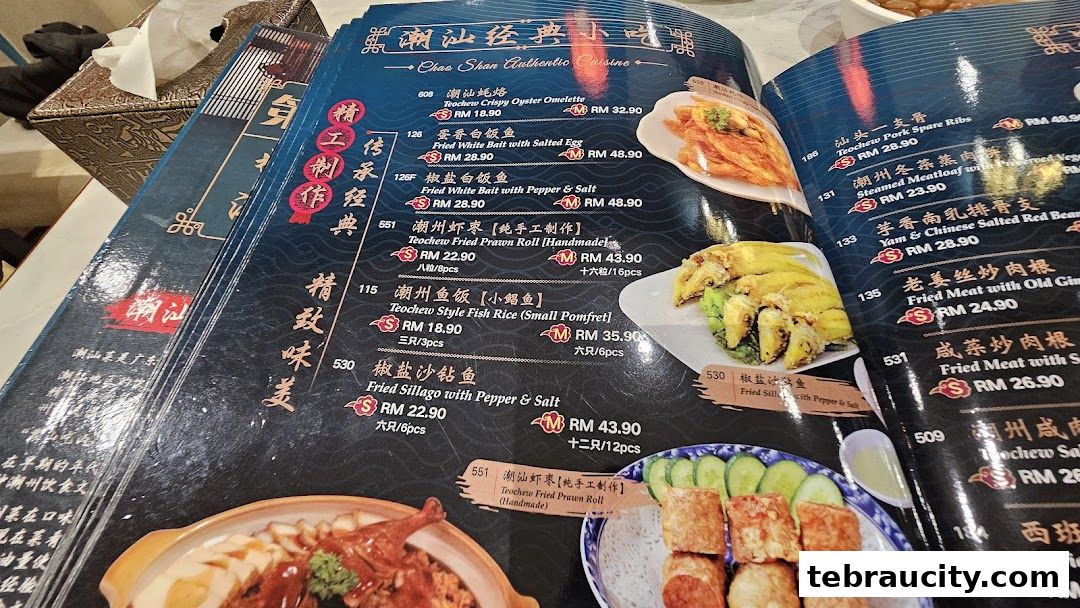 A menu from Chao Shan Authentic Cuisine featuring various Teochew dishes with prices.