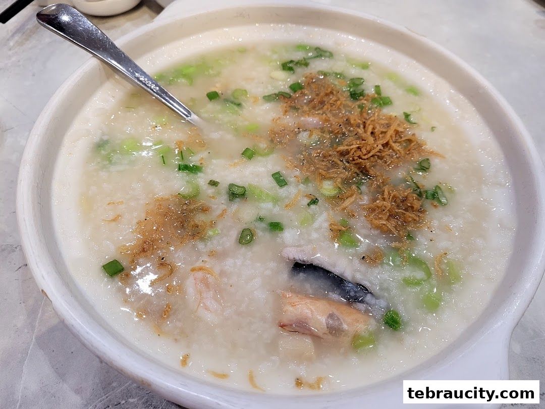 A close-up shot of a bowl of savory congee with fish, shrimp, and fried shallots.