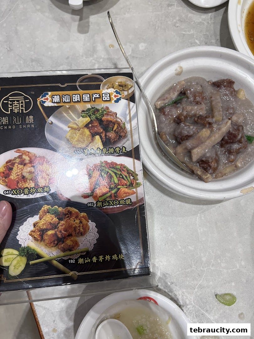 A menu from Restaurant Chao Shan featuring various dishes with images and descriptions.