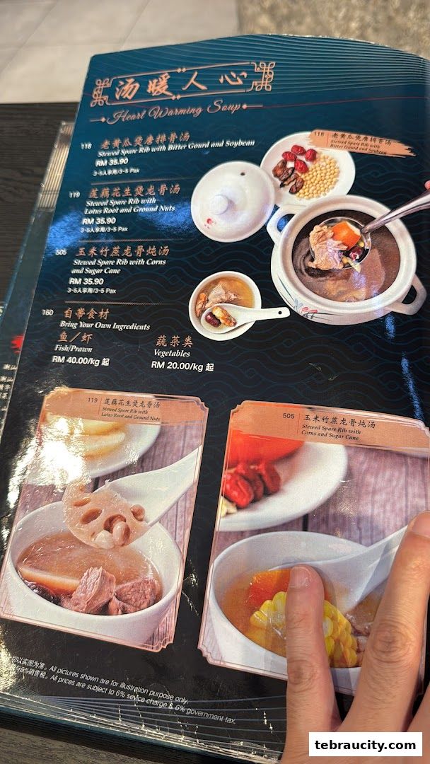A menu featuring various hearty soups with spare ribs, vegetables, and fish/prawns.