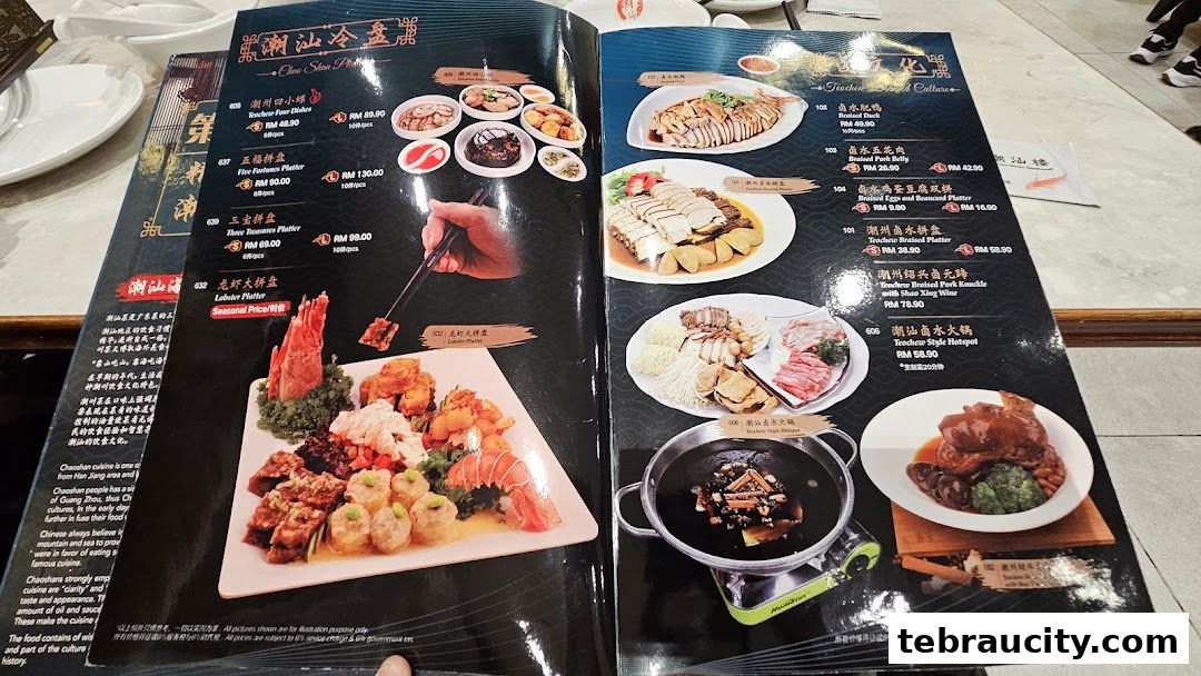A menu from Restaurant Chao Shan Aeon Tebrau featuring various platters and dishes.