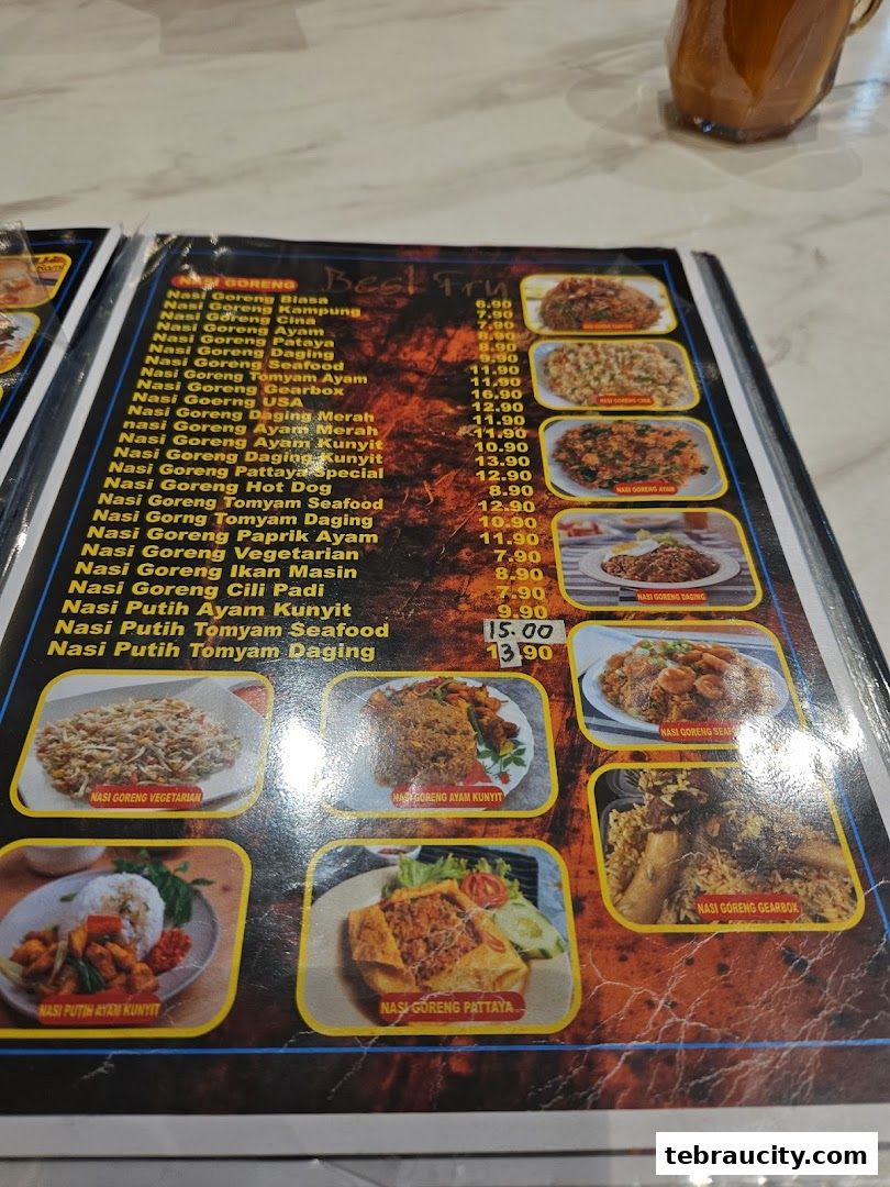 A menu from Restoran Best Fry featuring various fried rice dishes and white rice options with prices.
