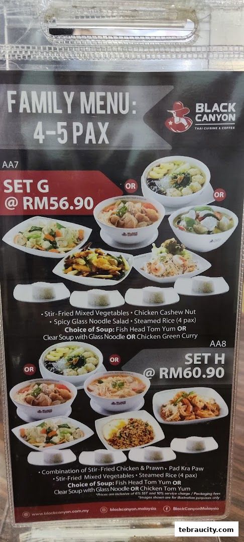 A menu from Black Canyon Thai Cuisine & Coffee featuring family meal sets for 4-5 people.