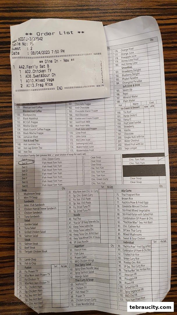 A close-up of a restaurant order list with various food and drink items and their prices.