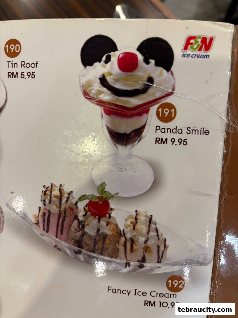 A menu page showcasing three different ice cream desserts with prices.