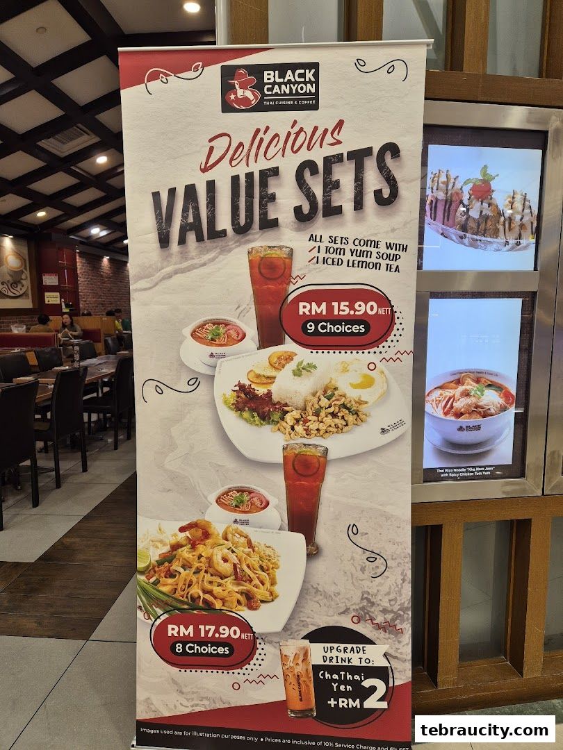 A promotional banner for Black Canyon Thai Cuisine & Coffee featuring value meal sets.