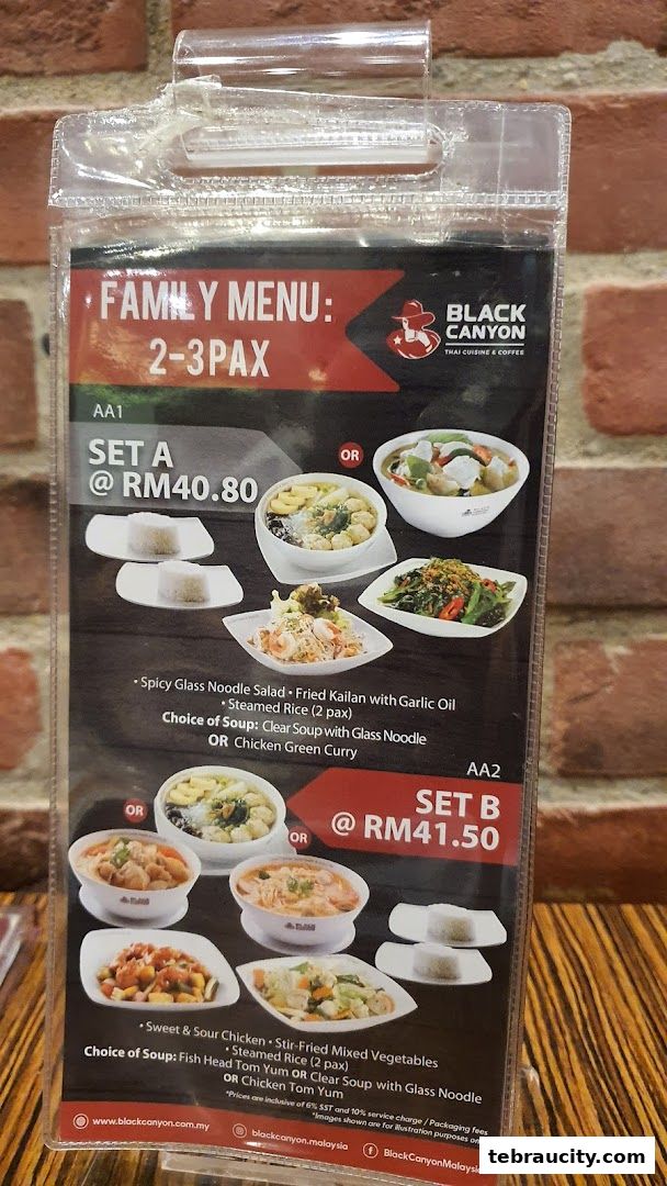 A menu for Black Canyon Thai Cuisine & Coffee featuring family sets for 2-3 people.