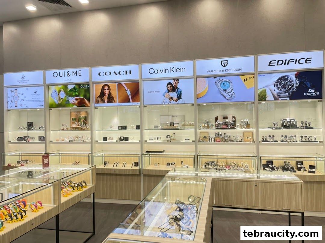 A well-lit retail store showcasing a variety of watches from different brands in display cases.