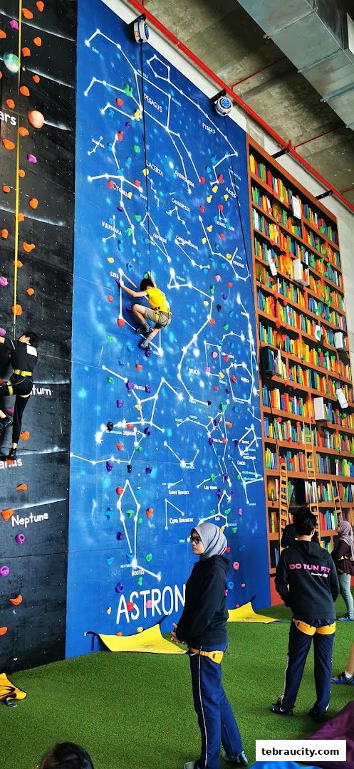 People climbing on a large indoor rock climbing wall with a constellation theme.