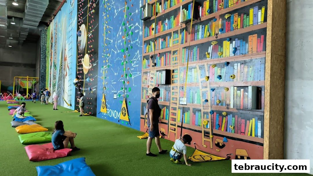 People enjoying a colorful indoor climbing wall with a bookshelf design.