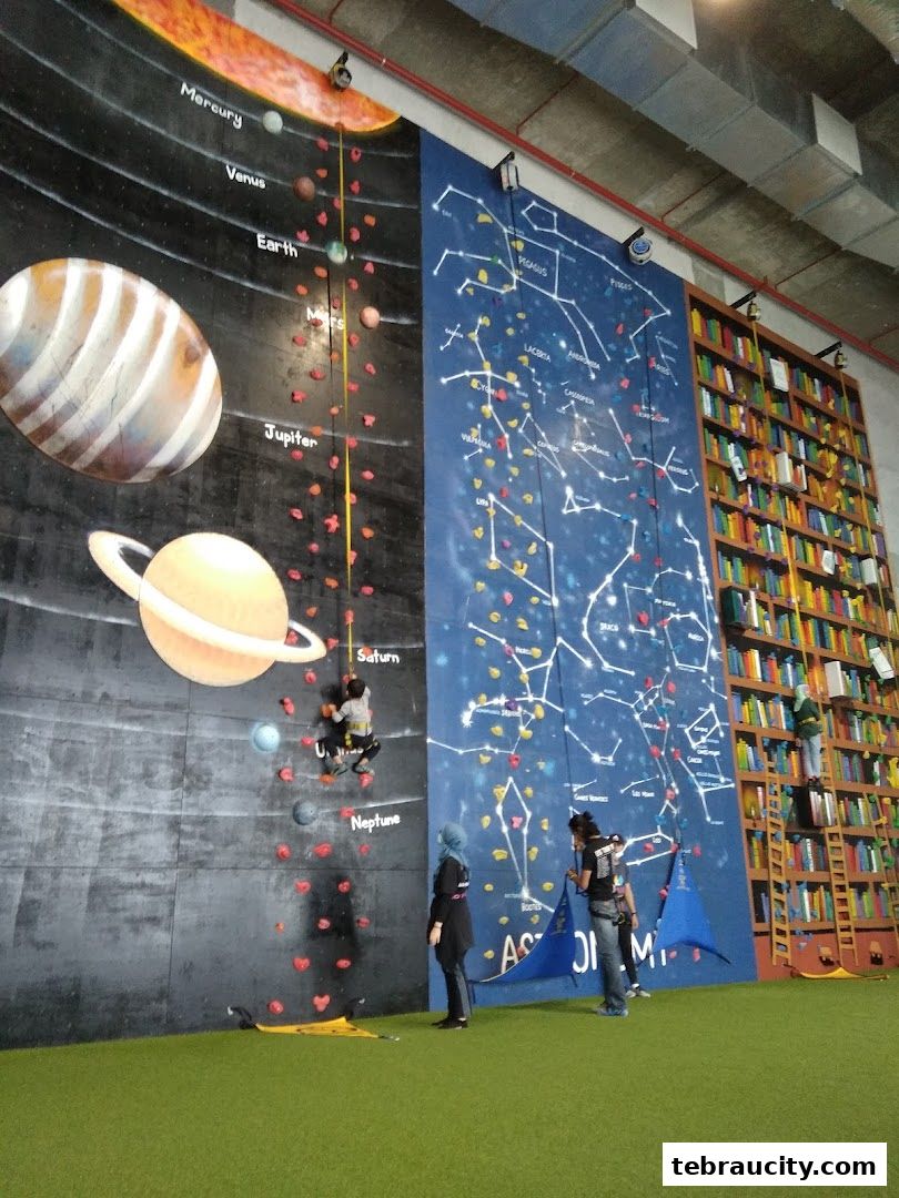 People climbing on a themed indoor rock climbing wall with planets and constellations.