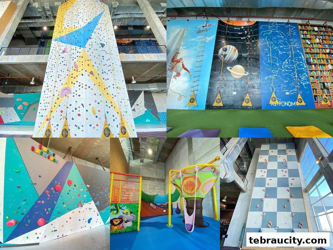 Collage of indoor climbing walls with various themes and a children's play area.