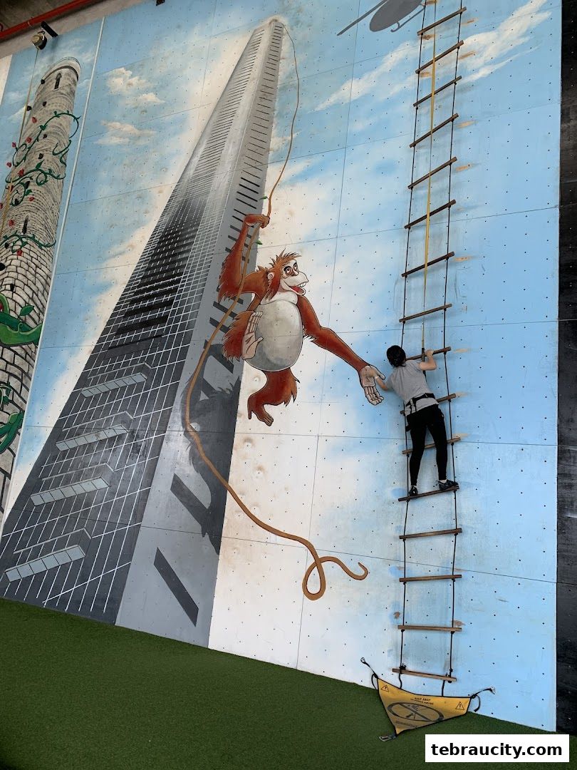 A person climbs a rope ladder on a climbing wall with a mural of a skyscraper and a monkey.