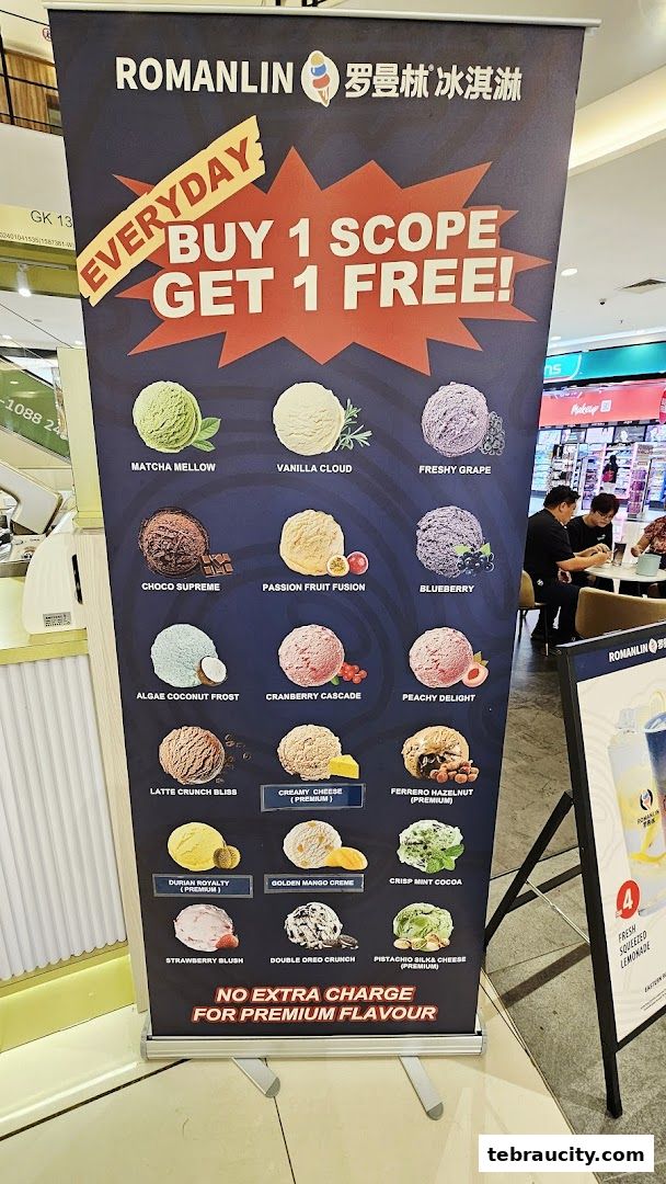 A promotional banner for Romanlin ice cream offering a buy one scoop, get one free deal.