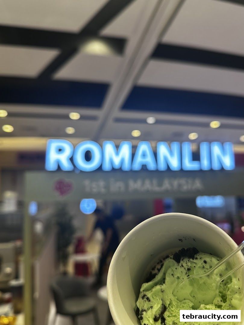 A cup of mint chocolate chip ice cream in front of a Romanlin ice cream and tea shop.
