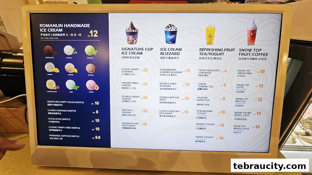 A digital menu displaying various ice cream, waffle, tea, and yogurt options with prices.