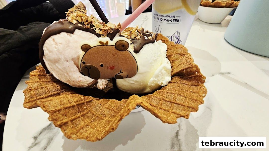 A delicious ice cream dessert with a cute bear decoration in a waffle bowl.