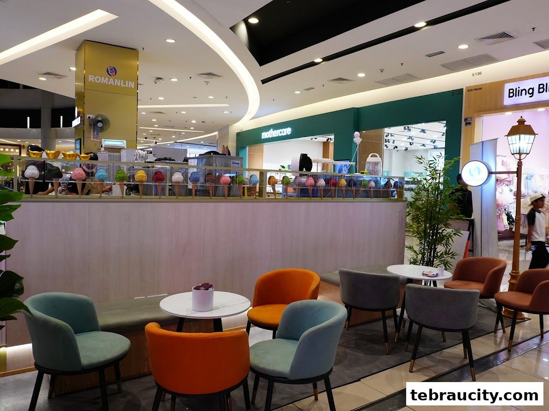 A Romanlin ice cream and tea shop with colorful ice cream cones displayed and seating area.