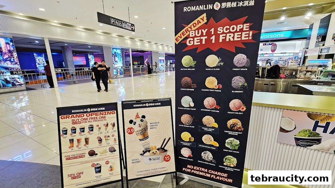 Romanlin ice cream shop with promotional banners and ice cream flavors displayed.