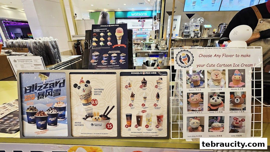 A display of various ice cream and tea products offered by Romanlin.